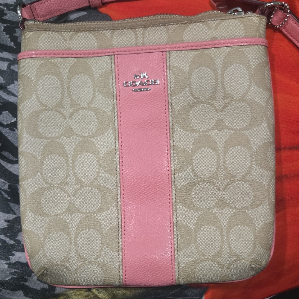 Coach Pink and Tan Signature Crossbody Bag - Picture 1 of 4